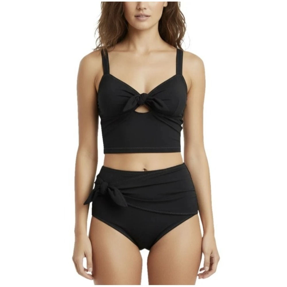 Tahari Womens Black Tankini Set High Waisted Side Tie Swimsuit Size Medium